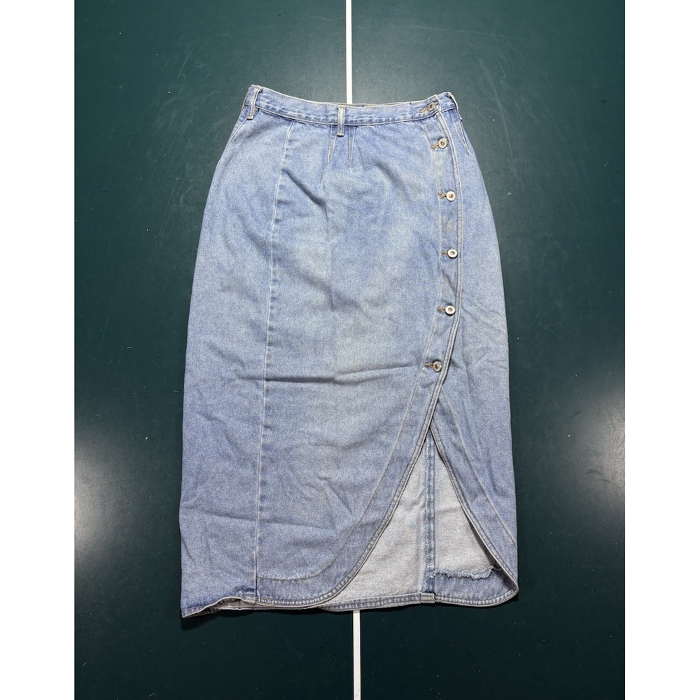 Vintage 90s Denim Midi Skirt asymmetric Side Button Closure Size 28 Light Wash